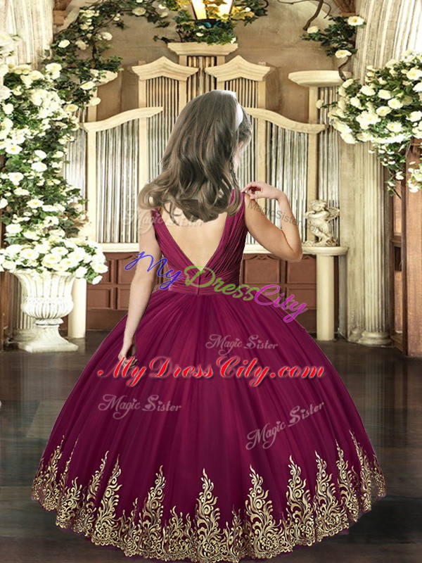 Hot Selling Burgundy Ball Gowns Sleeveless Tulle Floor Length Backless Embroidery Custom Made Pageant Dress