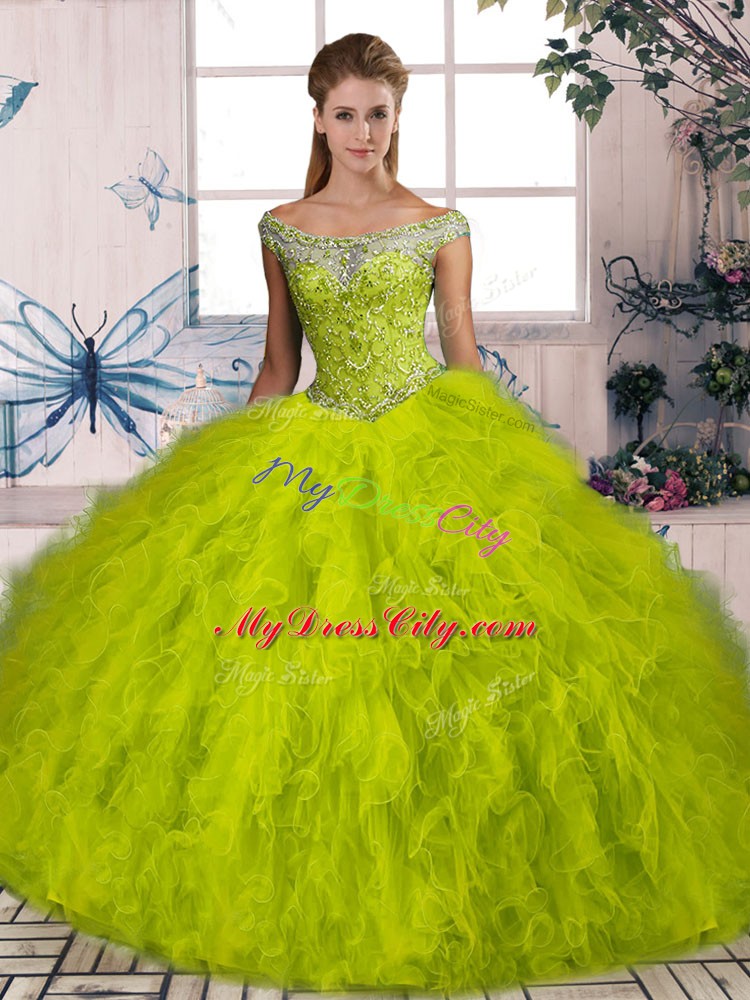 Suitable Sleeveless Brush Train Beading and Ruffles Lace Up Quinceanera Gowns