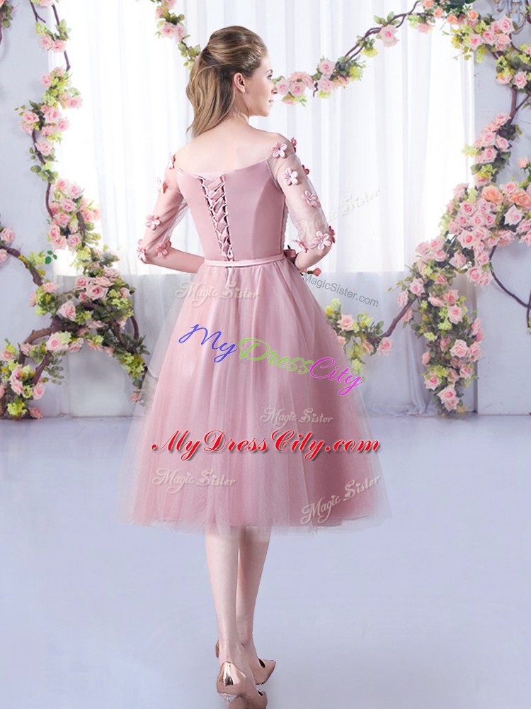 Beauteous Off The Shoulder Half Sleeves Tulle Bridesmaid Dress Appliques and Belt Lace Up