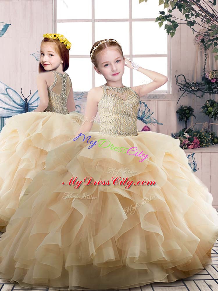 Ball Gowns Little Girl Pageant Dress Champagne Scoop Organza Sleeveless Floor Length Zipper