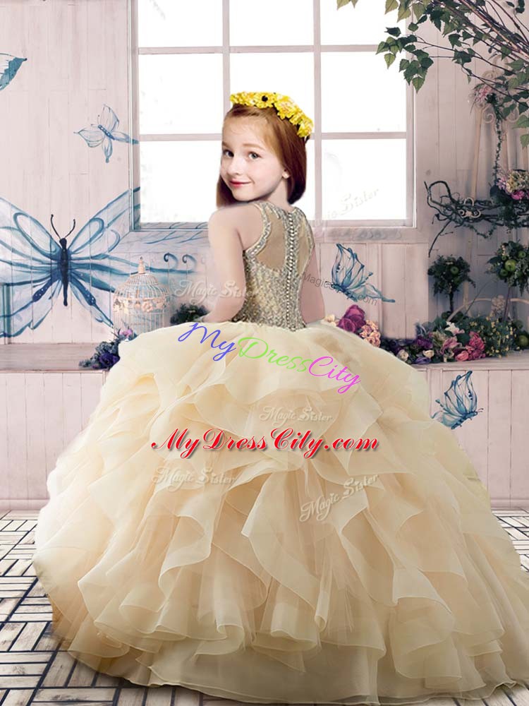 Ball Gowns Little Girl Pageant Dress Champagne Scoop Organza Sleeveless Floor Length Zipper