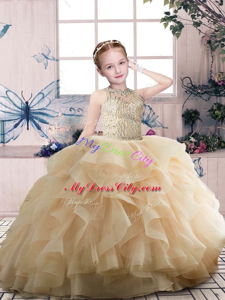 Ball Gowns Little Girl Pageant Dress Champagne Scoop Organza Sleeveless Floor Length Zipper