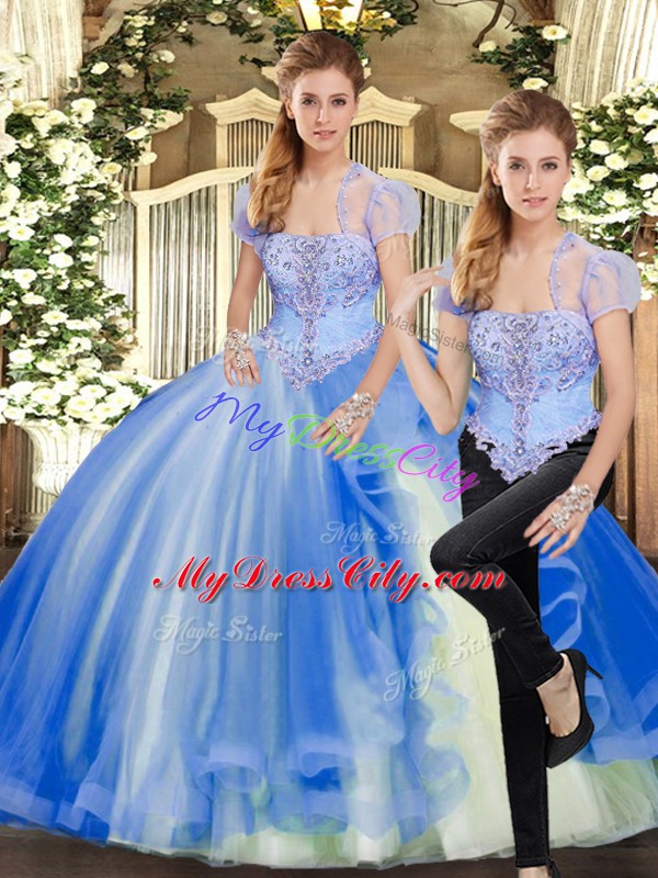 Edgy Floor Length Lace Up Sweet 16 Quinceanera Dress Blue for Military Ball and Sweet 16 and Quinceanera with Beading and Ruffles