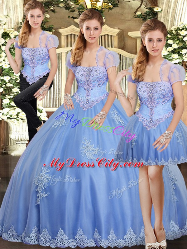 Light Blue Strapless Neckline Beading and Appliques Vestidos de Quinceanera Sleeveless Lace Up