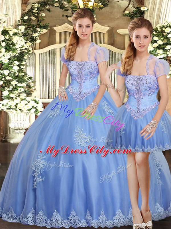 Light Blue Strapless Neckline Beading and Appliques Vestidos de Quinceanera Sleeveless Lace Up