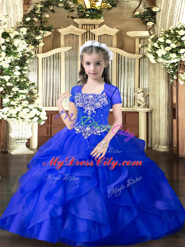 Classical Sleeveless Tulle Floor Length Lace Up Little Girls Pageant Dress in Royal Blue with Beading and Ruffles