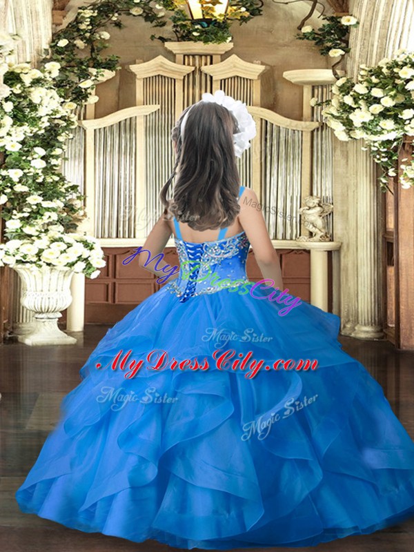 Classical Sleeveless Tulle Floor Length Lace Up Little Girls Pageant Dress in Royal Blue with Beading and Ruffles