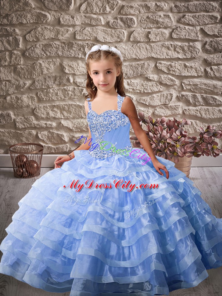 Blue Ball Gowns Straps Sleeveless Organza Brush Train Lace Up Beading and Ruffled Layers Little Girls Pageant Dress Wholesale