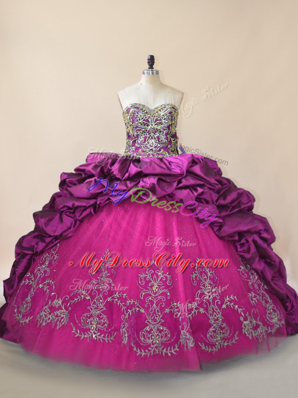 Superior Sweetheart Sleeveless Taffeta and Tulle Ball Gown Prom Dress Beading and Pick Ups Brush Train Lace Up