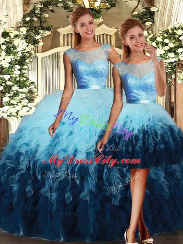 Hot Selling Tulle Sleeveless Floor Length Quinceanera Gown and Lace and Ruffles