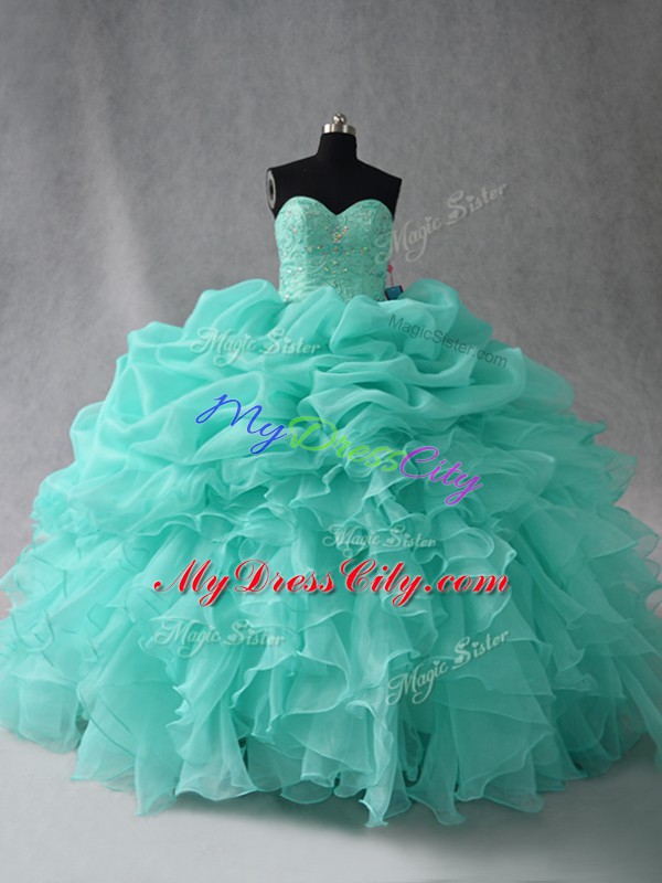 Traditional Aqua Blue Ball Gown Prom Dress Sweet 16 and Quinceanera with Beading and Ruffles and Pick Ups Sweetheart Sleeveless Lace Up