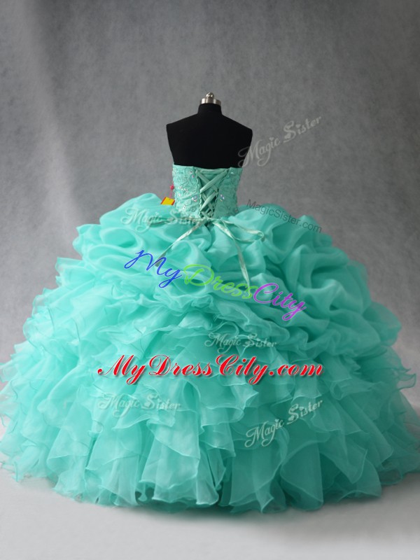 Traditional Aqua Blue Ball Gown Prom Dress Sweet 16 and Quinceanera with Beading and Ruffles and Pick Ups Sweetheart Sleeveless Lace Up