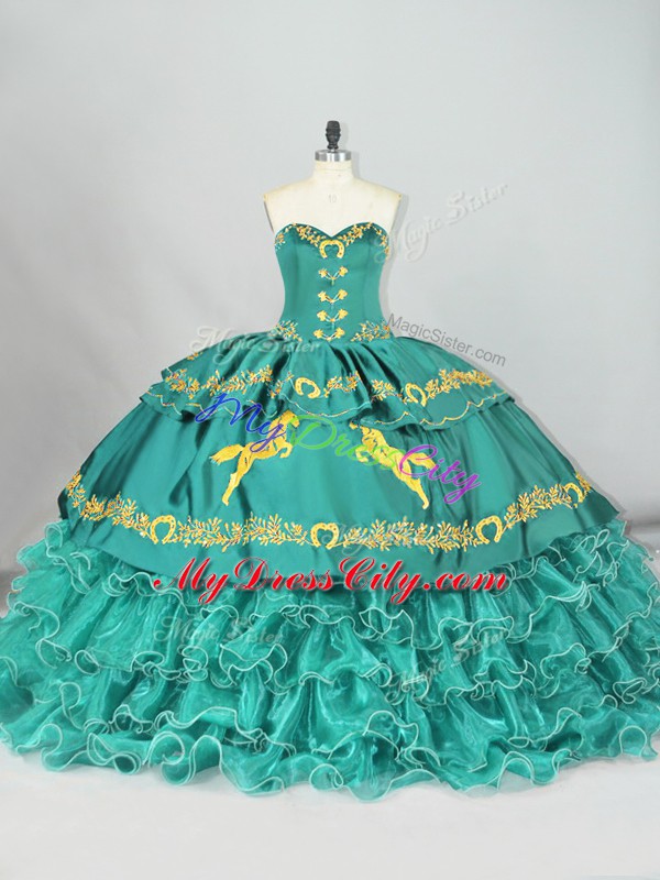 Satin and Organza Sweetheart Sleeveless Brush Train Lace Up Embroidery and Ruffled Layers 15 Quinceanera Dress in Turquoise