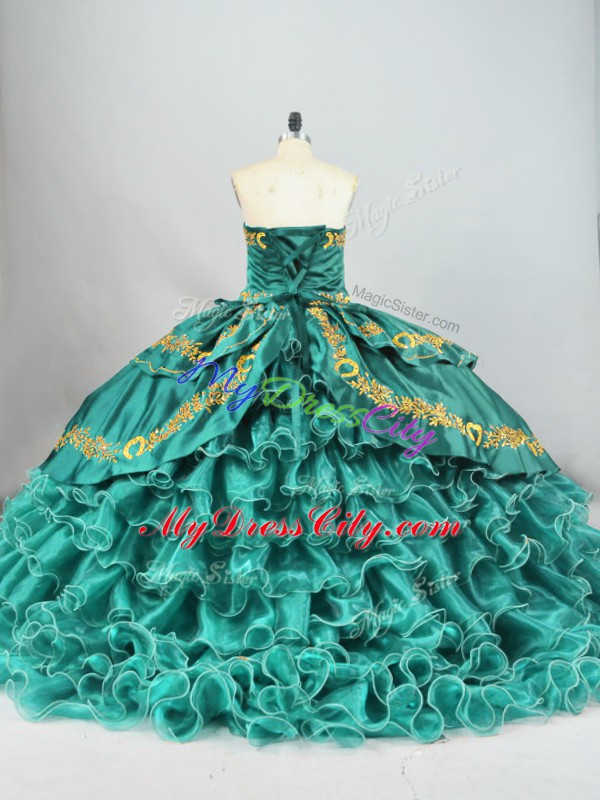 Satin and Organza Sweetheart Sleeveless Brush Train Lace Up Embroidery and Ruffled Layers 15 Quinceanera Dress in Turquoise