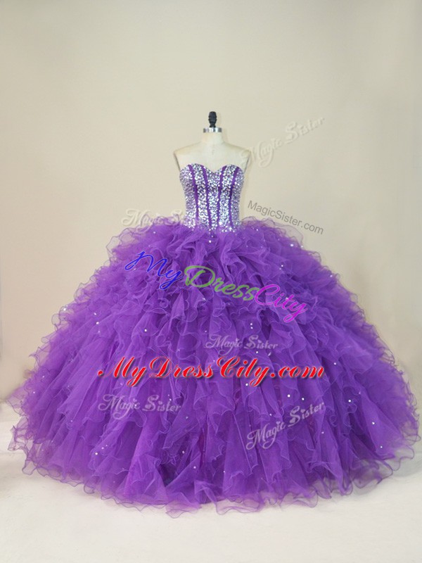 Sweet Beading and Ruffles 15th Birthday Dress Purple Lace Up Sleeveless Floor Length