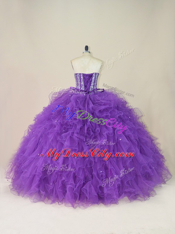 Sweet Beading and Ruffles 15th Birthday Dress Purple Lace Up Sleeveless Floor Length