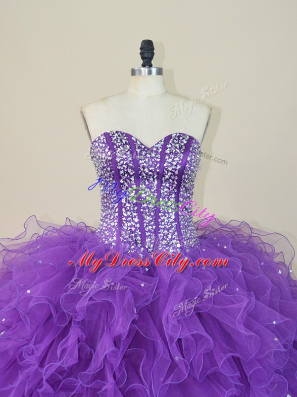 Sweet Beading and Ruffles 15th Birthday Dress Purple Lace Up Sleeveless Floor Length