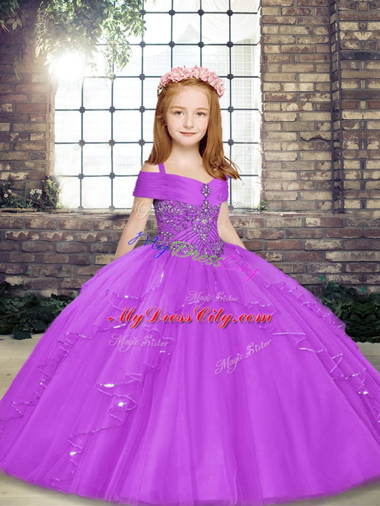 Custom Made Floor Length Lilac Pageant Gowns For Girls Straps Sleeveless Lace Up