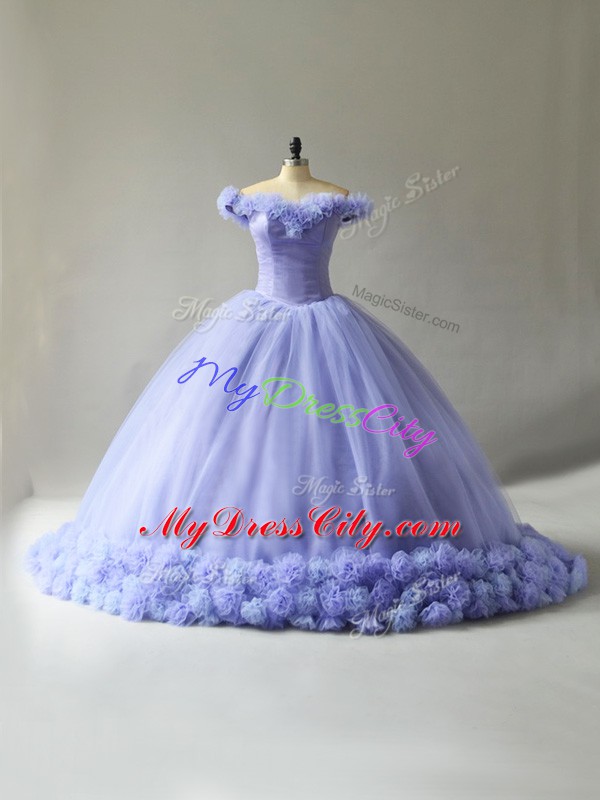 Sleeveless Court Train Hand Made Flower Lace Up 15 Quinceanera Dress