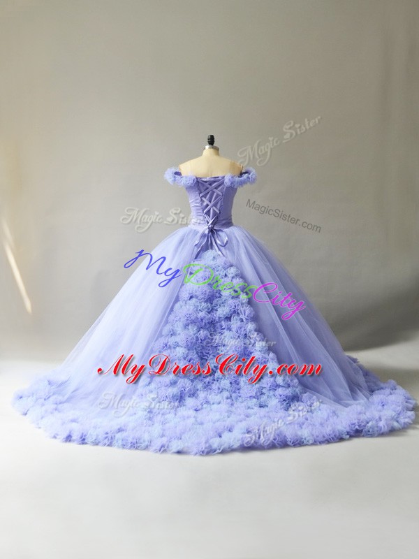 Sleeveless Court Train Hand Made Flower Lace Up 15 Quinceanera Dress