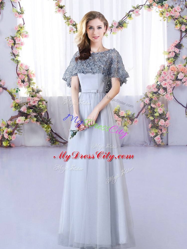 Sophisticated Appliques Quinceanera Court Dresses Grey Lace Up Sleeveless Floor Length