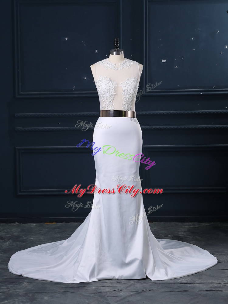 White Scoop Zipper Appliques and Sashes ribbons Wedding Dress Brush Train Sleeveless