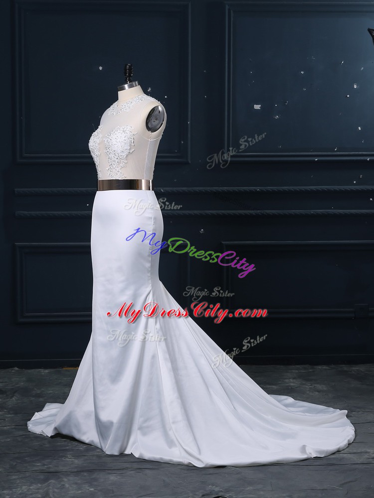 White Scoop Zipper Appliques and Sashes ribbons Wedding Dress Brush Train Sleeveless