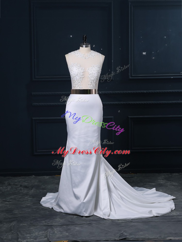 White Scoop Zipper Appliques and Sashes ribbons Wedding Dress Brush Train Sleeveless