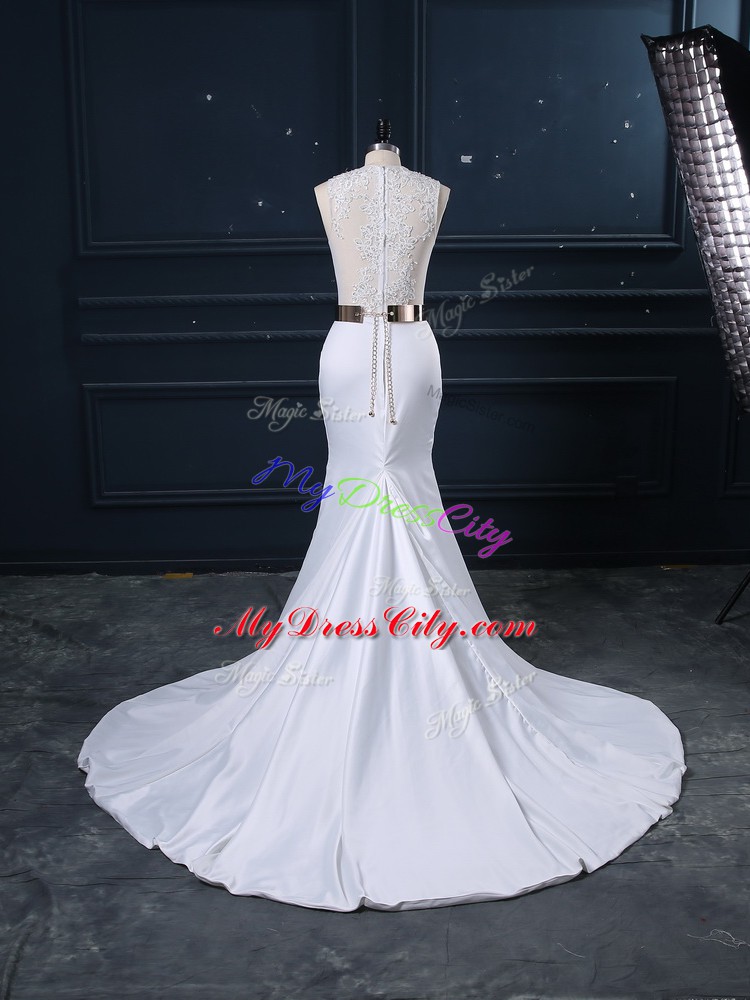 White Scoop Zipper Appliques and Sashes ribbons Wedding Dress Brush Train Sleeveless