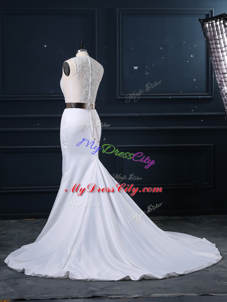 White Scoop Zipper Appliques and Sashes ribbons Wedding Dress Brush Train Sleeveless