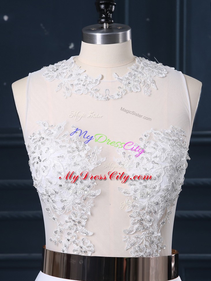 White Scoop Zipper Appliques and Sashes ribbons Wedding Dress Brush Train Sleeveless