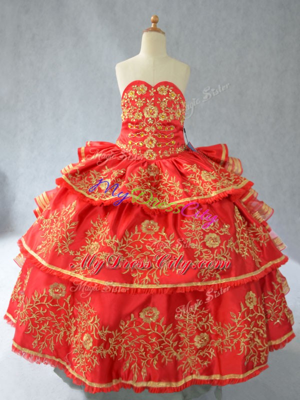 Latest Sleeveless Embroidery and Ruffled Layers Lace Up Little Girls Pageant Gowns