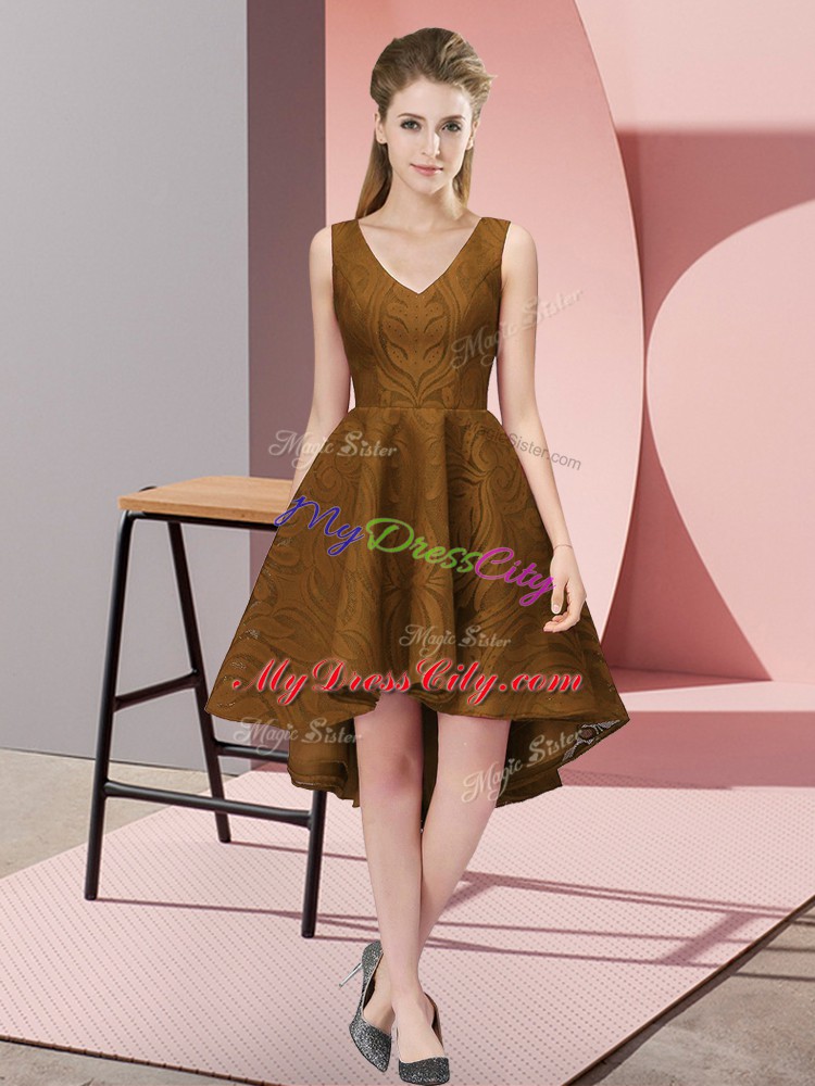 Charming Brown A-line V-neck Sleeveless Lace High Low Zipper Lace Dama Dress for Quinceanera