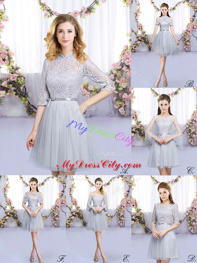 Designer Grey Half Sleeves Lace and Belt Mini Length Quinceanera Court of Honor Dress