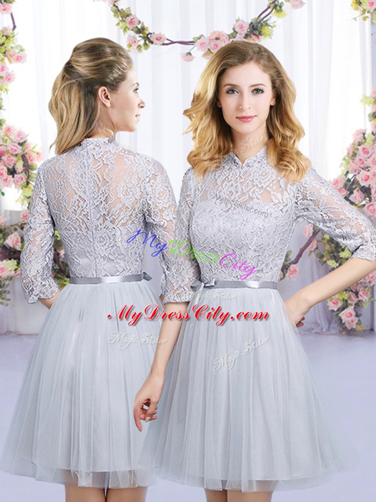 Designer Grey Half Sleeves Lace and Belt Mini Length Quinceanera Court of Honor Dress