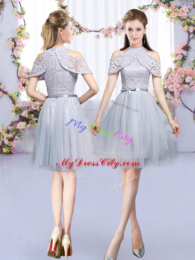 Designer Grey Half Sleeves Lace and Belt Mini Length Quinceanera Court of Honor Dress