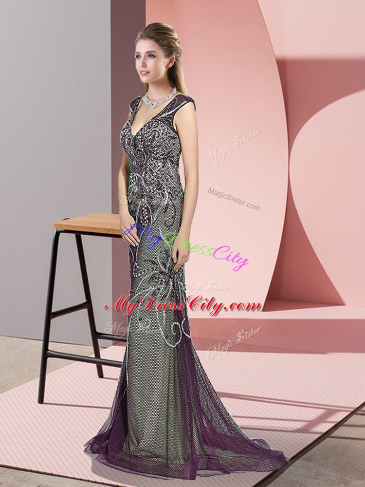 Dark Purple Evening Wear V-neck Sleeveless Sweep Train Zipper