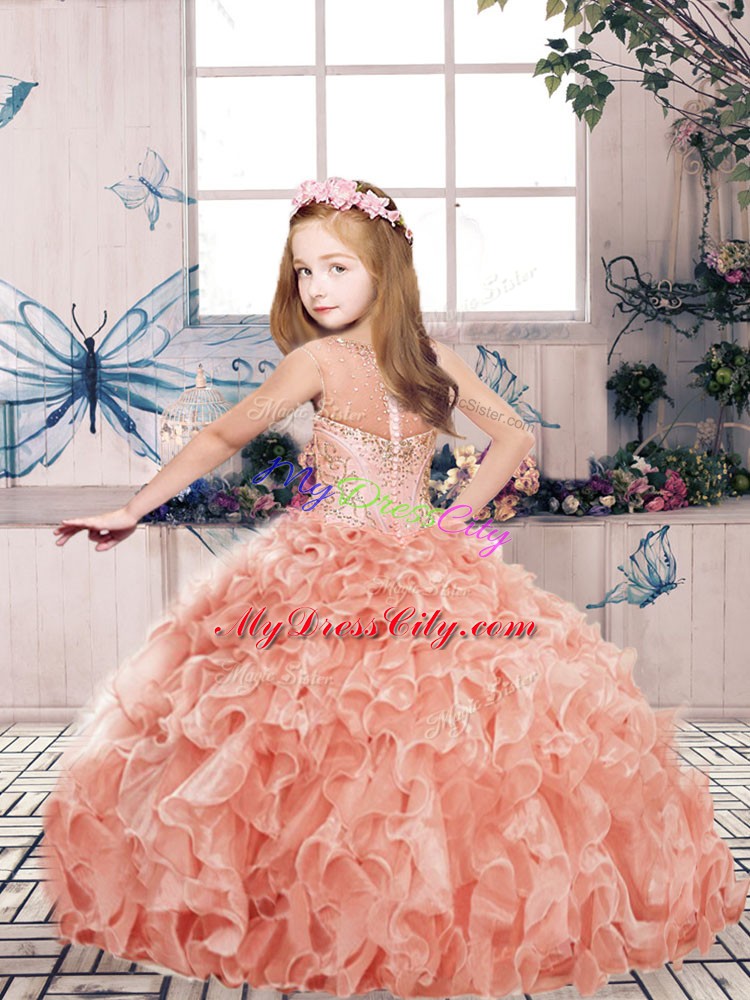 Red Scoop Zipper Beading and Ruffles Kids Pageant Dress Sleeveless