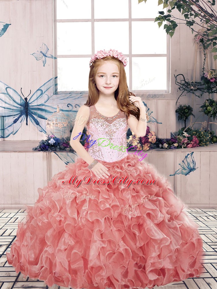 Red Scoop Zipper Beading and Ruffles Kids Pageant Dress Sleeveless