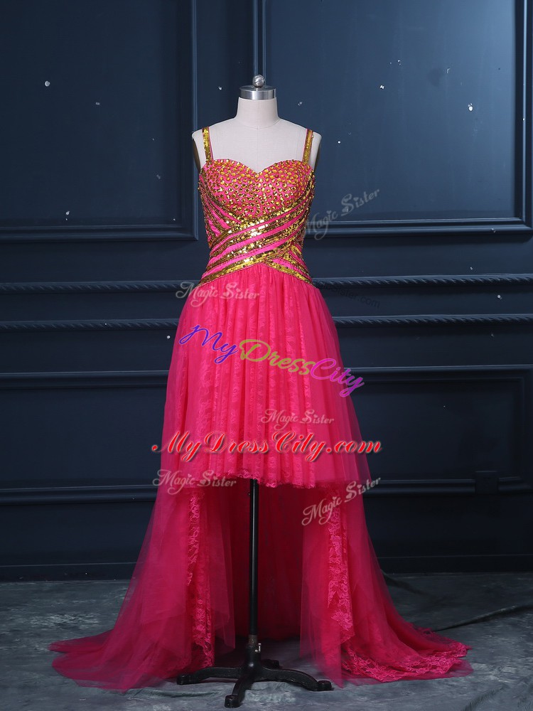 Hot Pink Straps Neckline Beading and Lace and Sequins Womens Evening Dresses Sleeveless Zipper