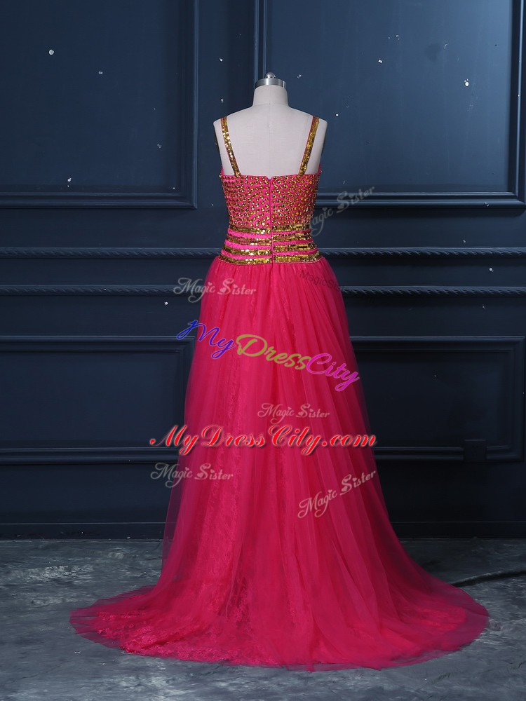 Hot Pink Straps Neckline Beading and Lace and Sequins Womens Evening Dresses Sleeveless Zipper