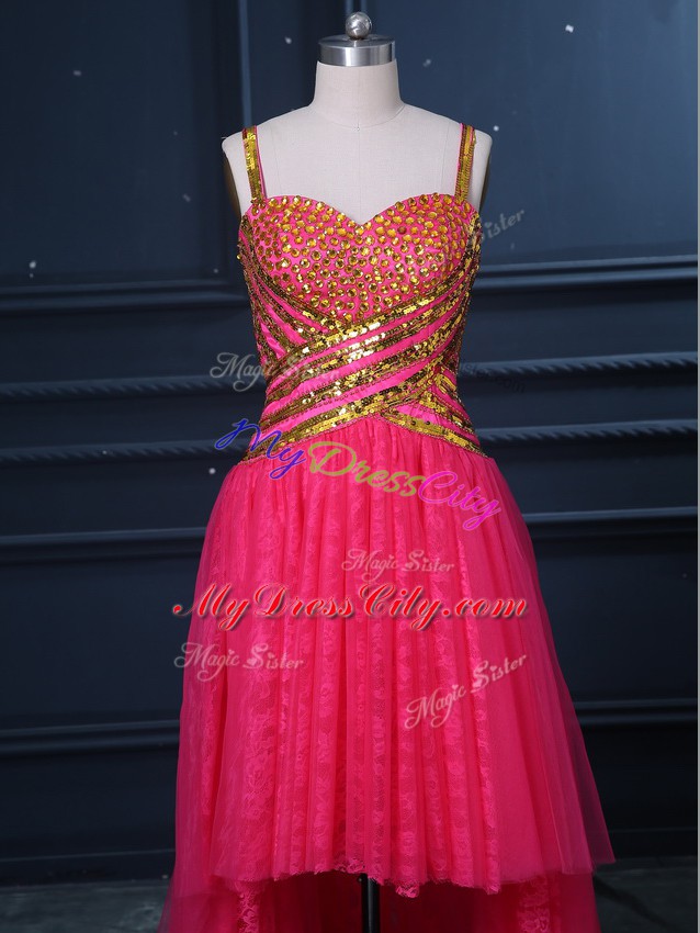 Hot Pink Straps Neckline Beading and Lace and Sequins Womens Evening Dresses Sleeveless Zipper