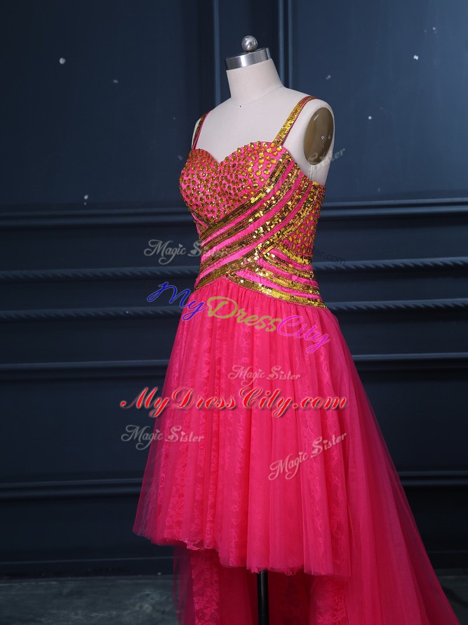 Hot Pink Straps Neckline Beading and Lace and Sequins Womens Evening Dresses Sleeveless Zipper