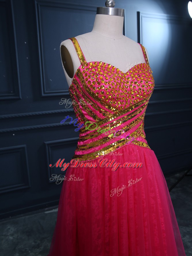 Hot Pink Straps Neckline Beading and Lace and Sequins Womens Evening Dresses Sleeveless Zipper