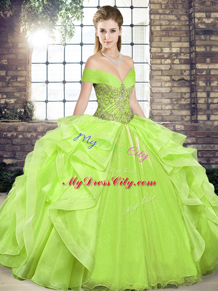 Affordable Yellow Green Organza Lace Up Off The Shoulder Sleeveless Floor Length Quinceanera Gown Beading and Ruffles