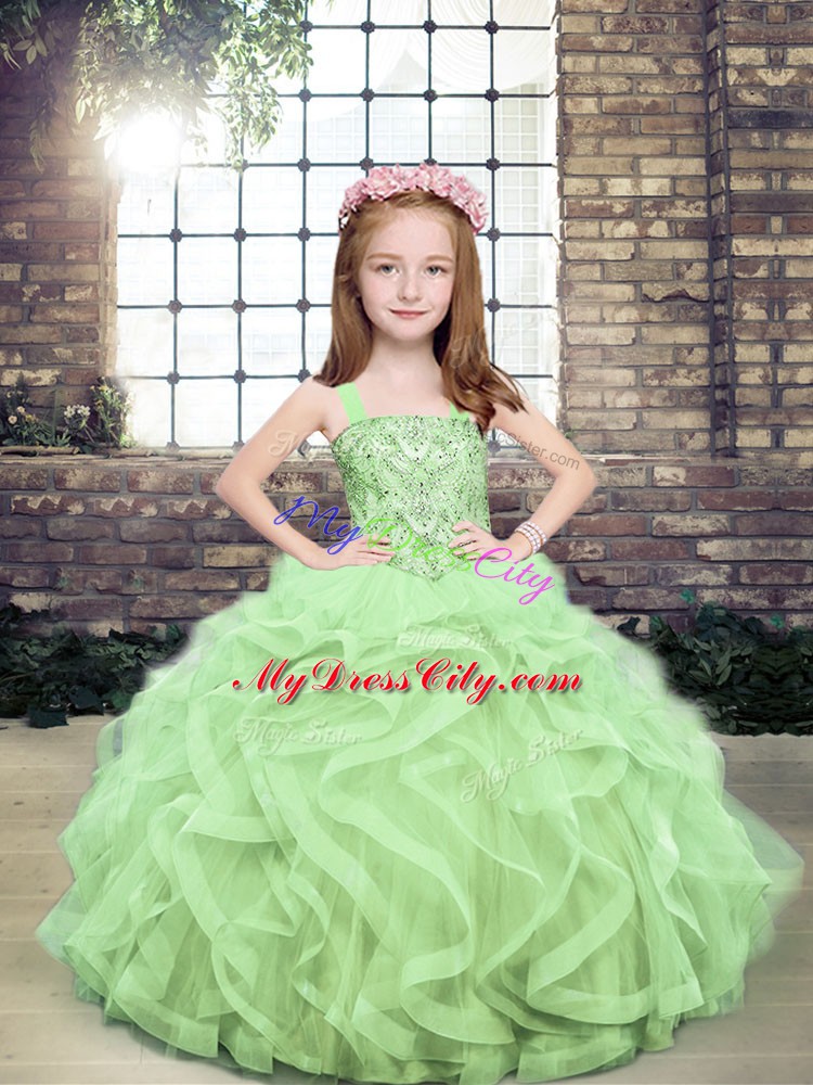 Custom Made Straps Sleeveless Lace Up Girls Pageant Dresses Yellow Green Tulle