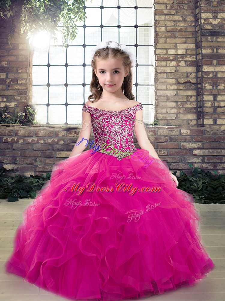 Fuchsia Sleeveless Floor Length Beading and Ruffles Lace Up Custom Made Pageant Dress