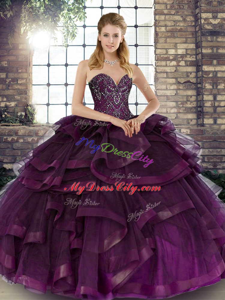 Romantic Dark Purple Sleeveless Floor Length Beading and Ruffles Lace Up Quinceanera Dress