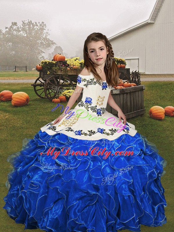 Dramatic Floor Length Ball Gowns Sleeveless Royal Blue Little Girls Pageant Dress Lace Up