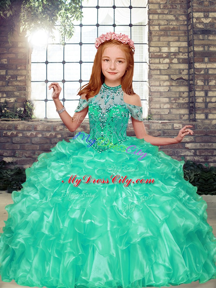 Perfect Ball Gowns Pageant Gowns For Girls Apple Green High-neck Organza Sleeveless Floor Length Lace Up